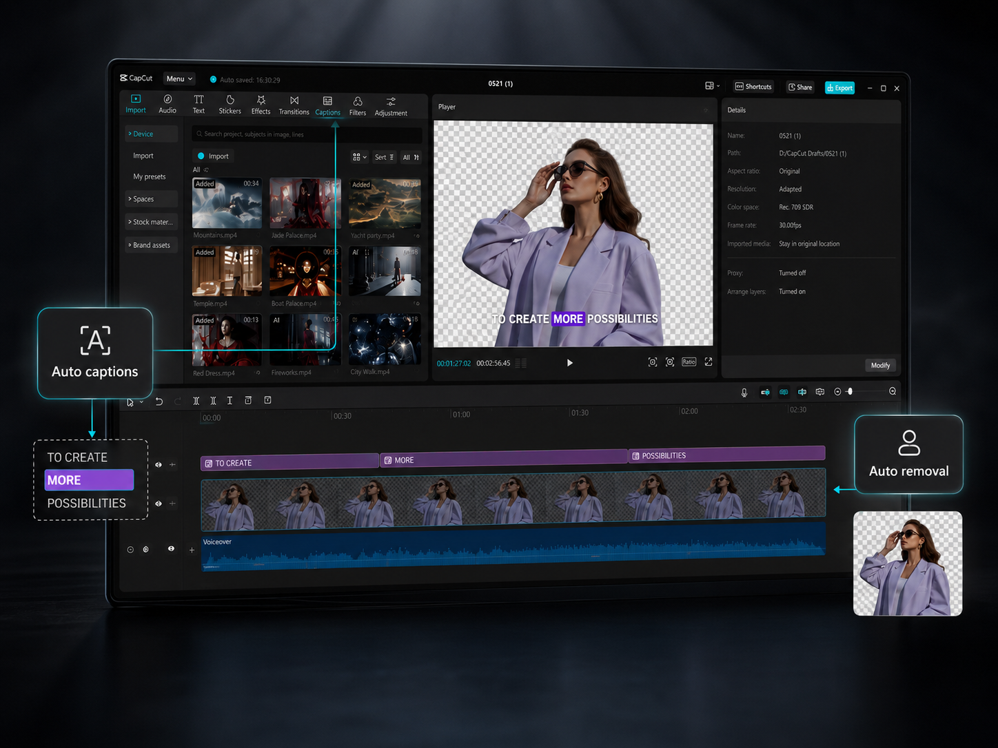 CapCut AI tools showing automatic captions and background removal